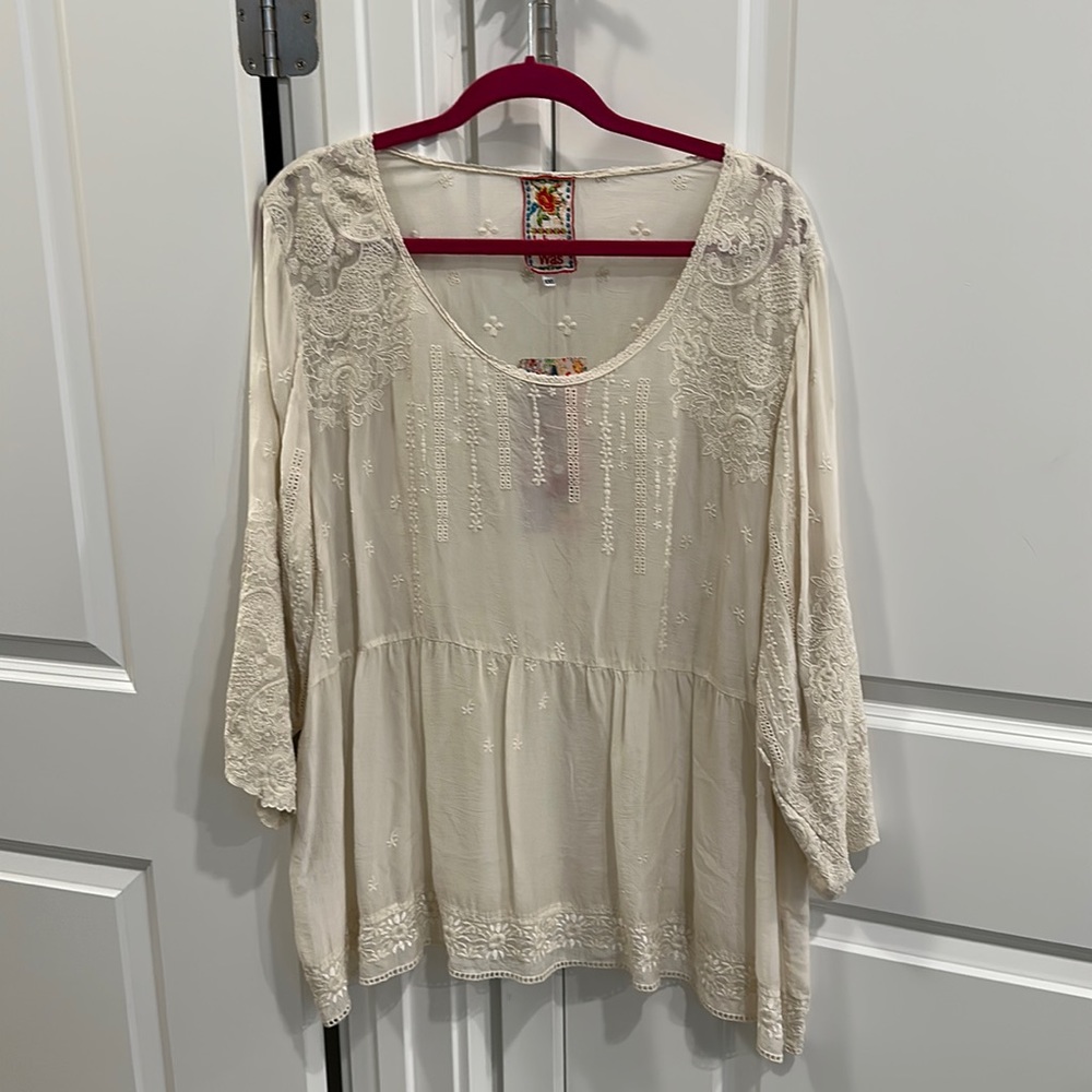 Johnny Was Classic, Vintage Ivory Embroidered Sheer Top, NWT